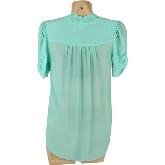 t. babaton Silk Crepe Blouse XS Mint Green Short Sleeve V Neck Ruffle CA270 - Picture 5 of 14